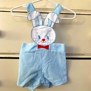 Vintage Blue & White striped Boys Embroidered Easter Bunny Overalls Small